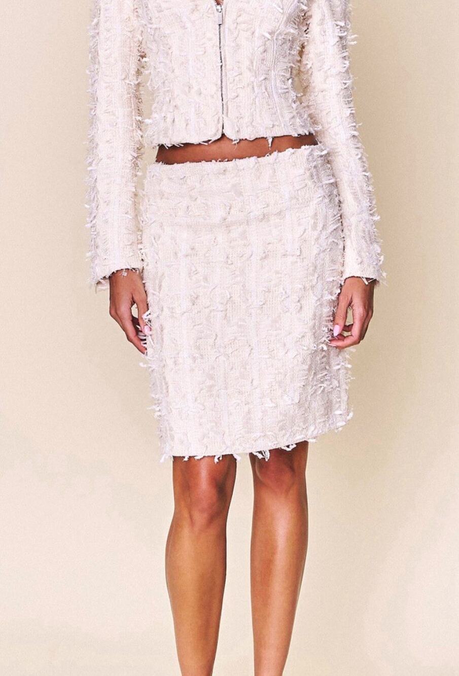 GUIZIO Lillian Pencil Skirt Tweed Fringe Lined Zip White Small